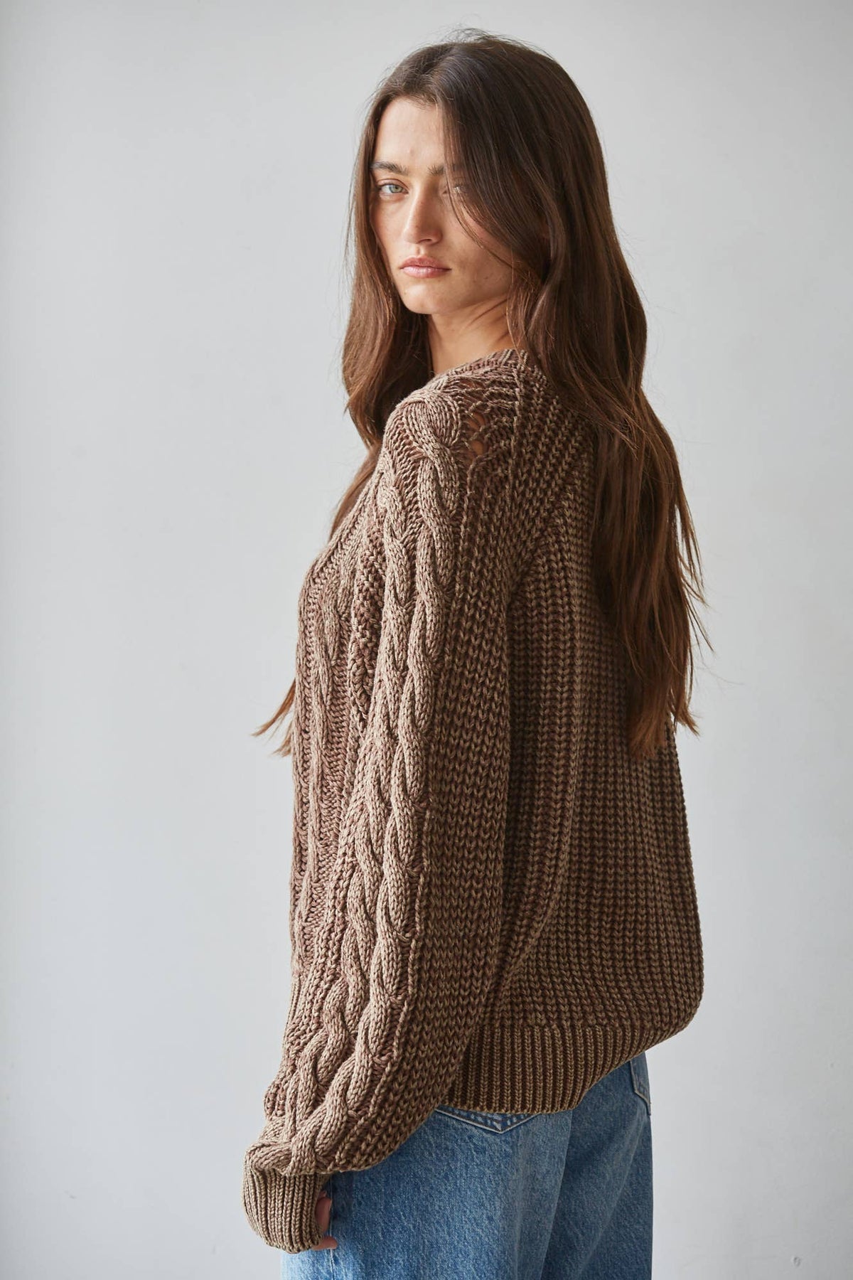 Sweaters / Cotton Cable Crew / Washed Brown