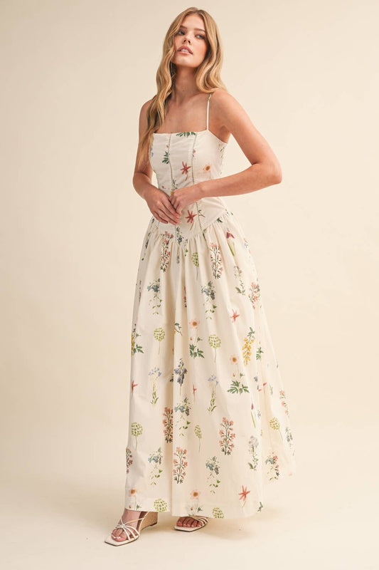 Dress / Drop Waist Cami Top Maxi / Cream Floral