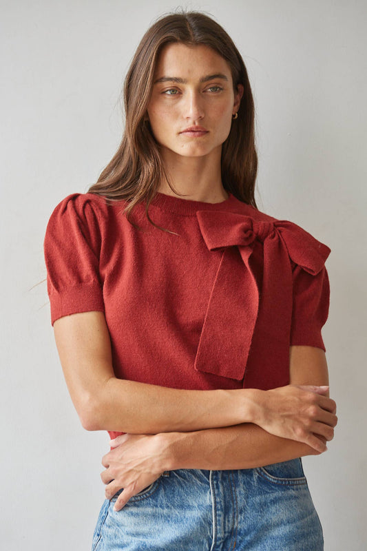 Tops / Knit Pullover Tie Bow Detail / Dusty Red