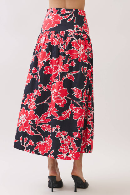 Skirts / Floral Print Drop-Waist Maxi / Red/Navy