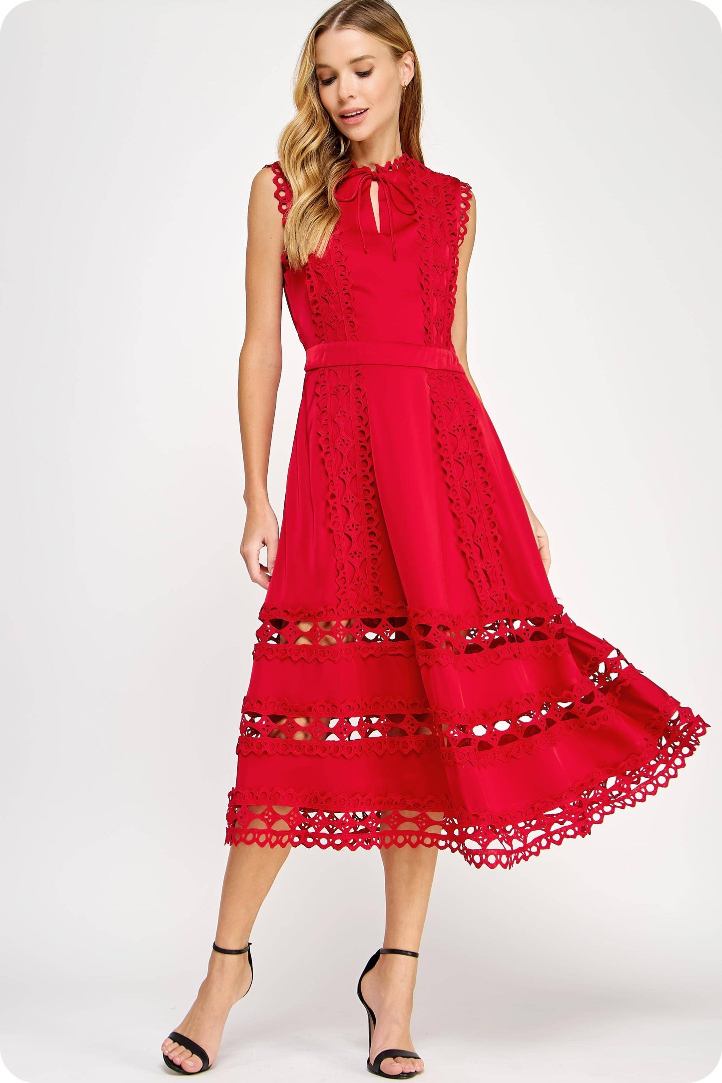 Scallop Edge Crochet Trim Satin Midi / Red