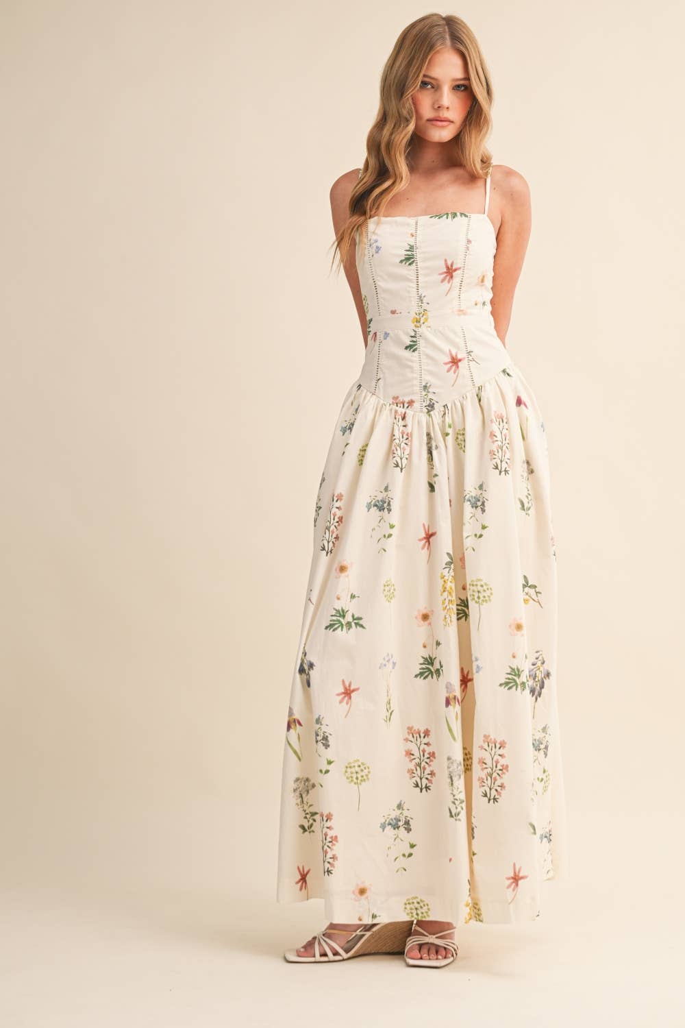 Dress / Drop Waist Cami Top Maxi / Cream Floral
