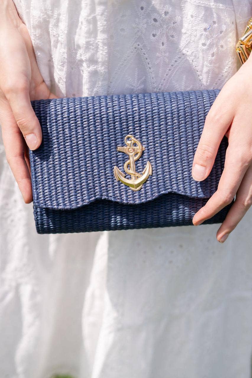 Navy Straw Scalloped Anchor Clutch