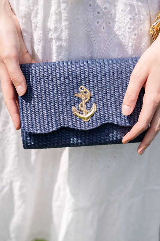 Navy Straw Scalloped Anchor Clutch