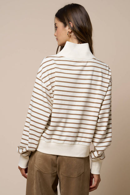 Tops / Quarter Zip Striped Pull Over / Taupe/Ivory