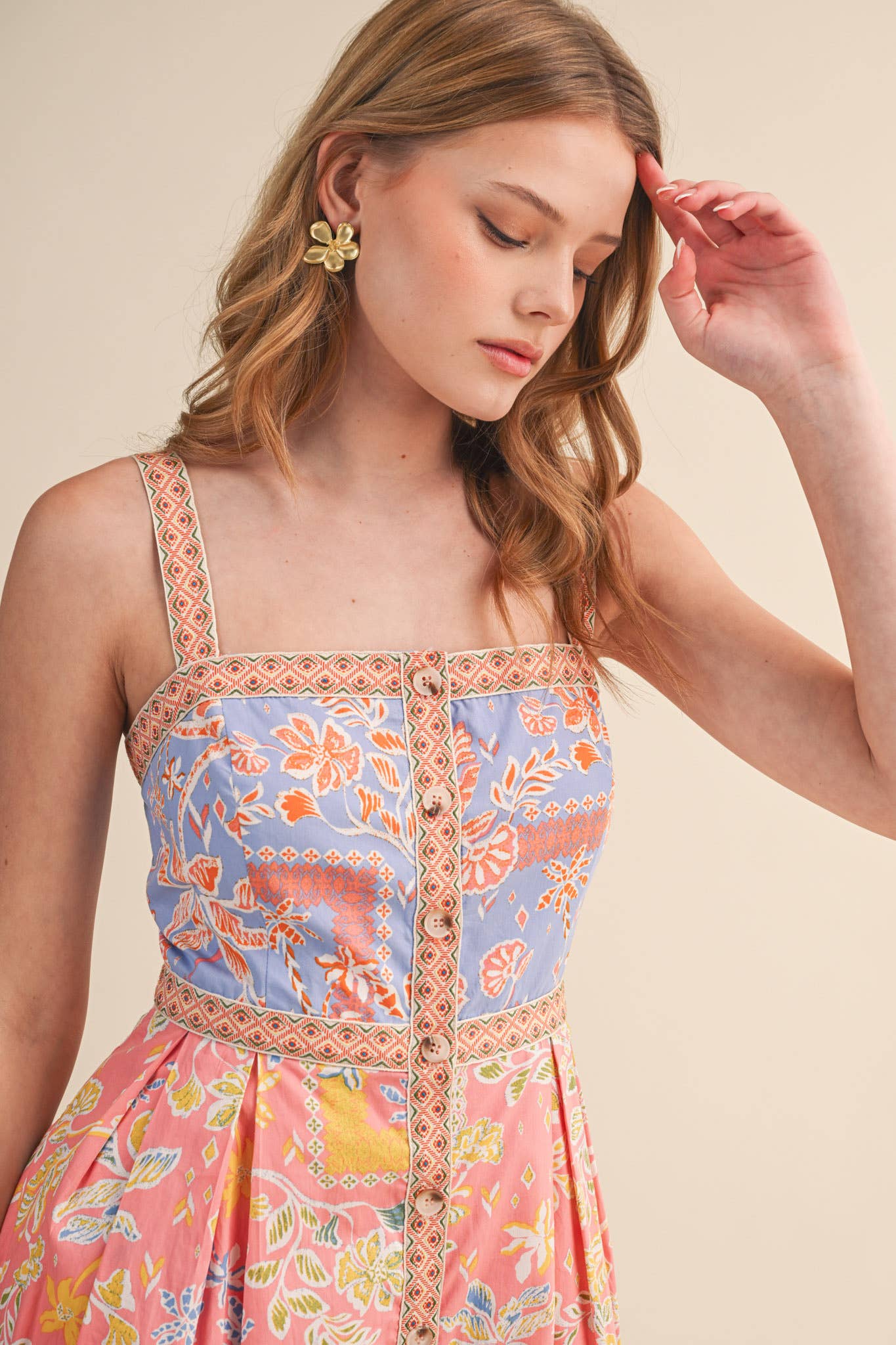 Dresses / Floral Tape Trim Button Down / Peach / Pink
