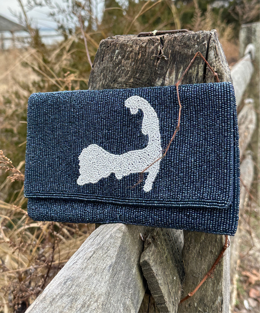 Beaded Cape Cod Clutch / Navy - White