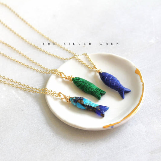 Gemstone Fish Pendant Necklace / Blue Lapis