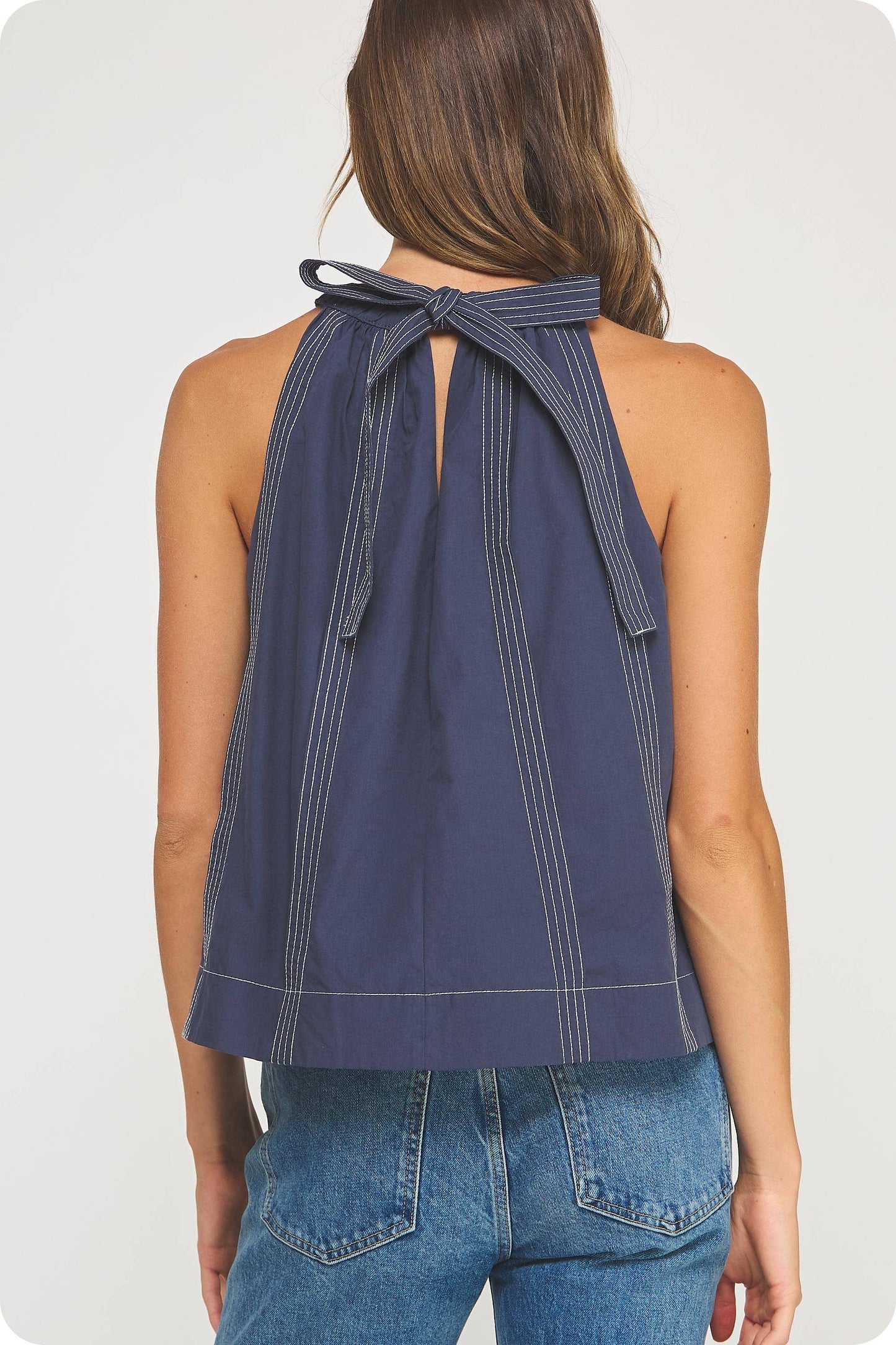 Stitch Contrast Halter Neck Top / Navy