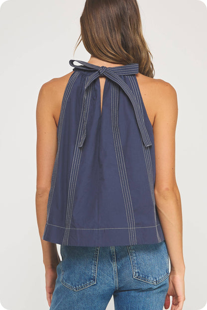 Stitch Contrast Halter Neck Top / Navy
