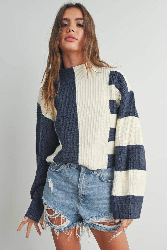 Color Block Mock Turtleneck Sweater / Navy / Ivory