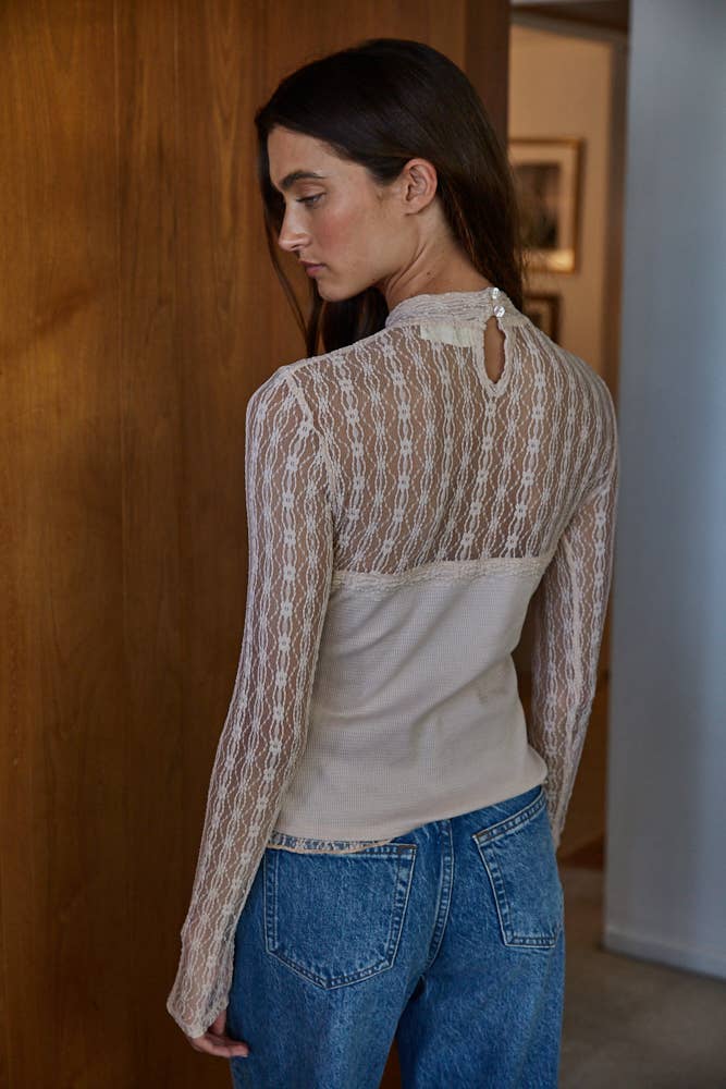 Ribbed Sheer Lace Mock Neck Long Sleeve / Blush
