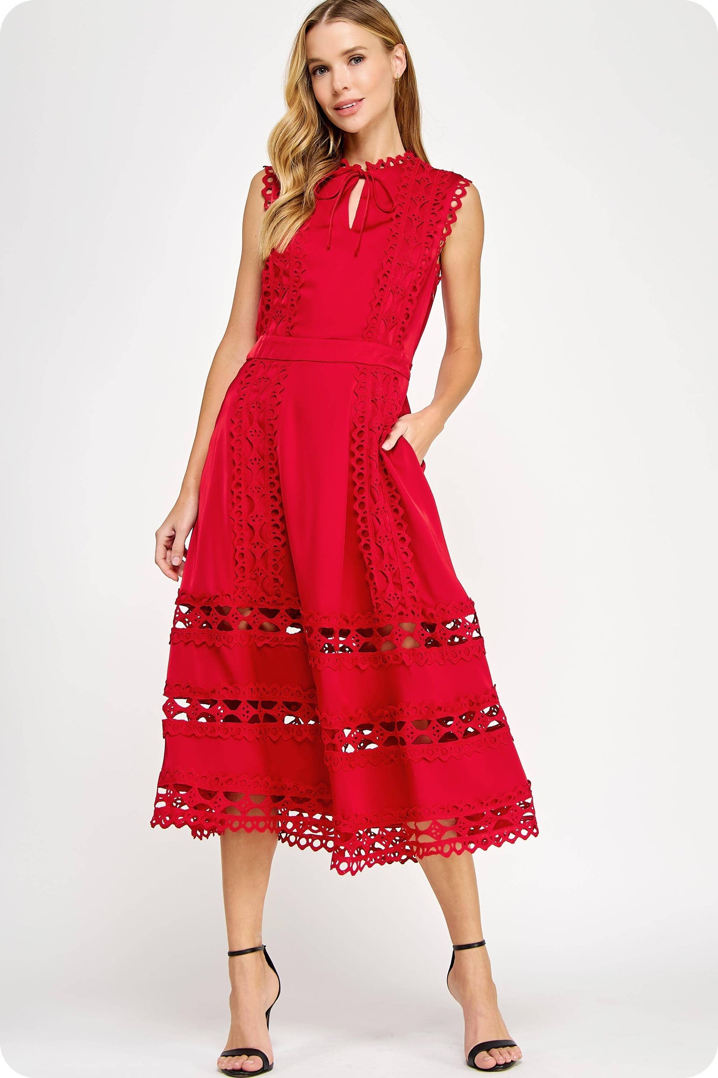 Scallop Edge Crochet Trim Satin Midi / Red