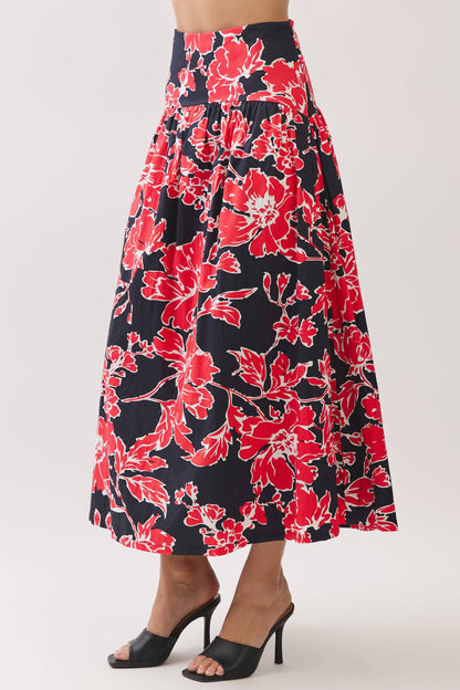 Skirts / Floral Print Drop-Waist Maxi / Red/Navy