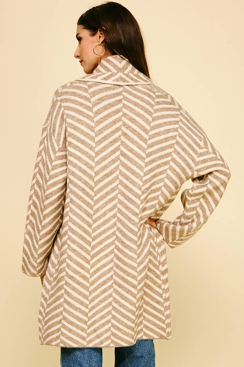 Shawl Collar Stripe Plush Cardigan / Taupe / Cream