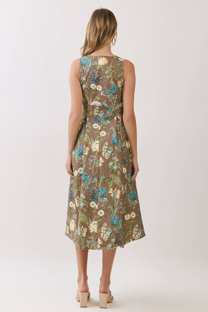 Dresses / Floral Print Front Button Down Midi Dress / Brown