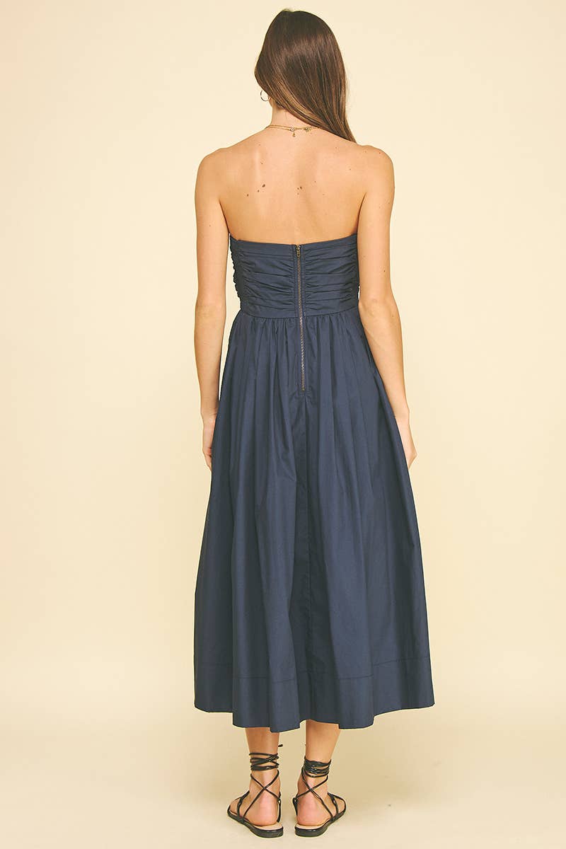 Shirred Bodice Strapless Midi  / Deep Navy