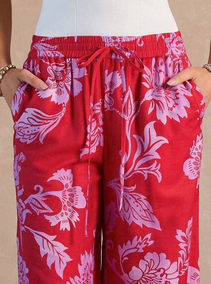 Pants / Floral Print Wide Leg  / Red/ Lt Purple