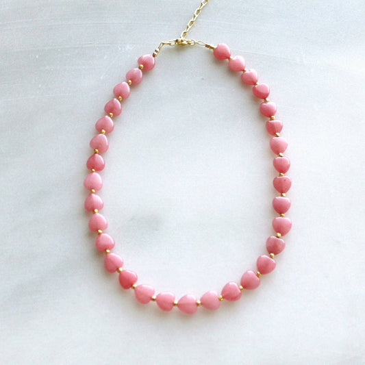 Necklace / Lottie Beaded Heart / Pink Jade