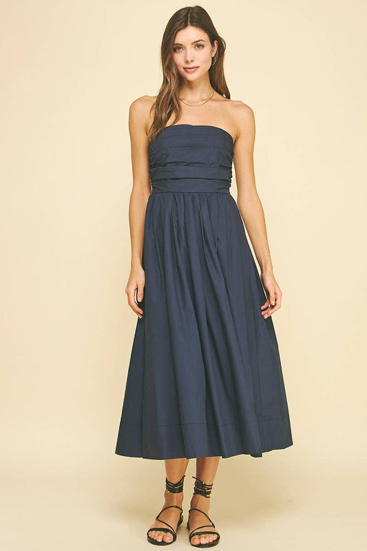 Shirred Bodice Strapless Midi  / Deep Navy