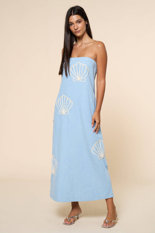 Dress / Seashell Embroidered Tube Maxi Dress / Light Denim
