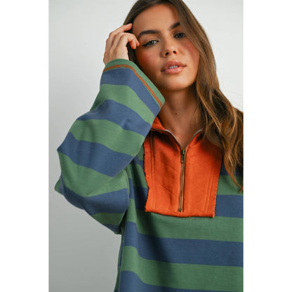 Striped Quarter-Zip with Contrasting Collar Blue / Green