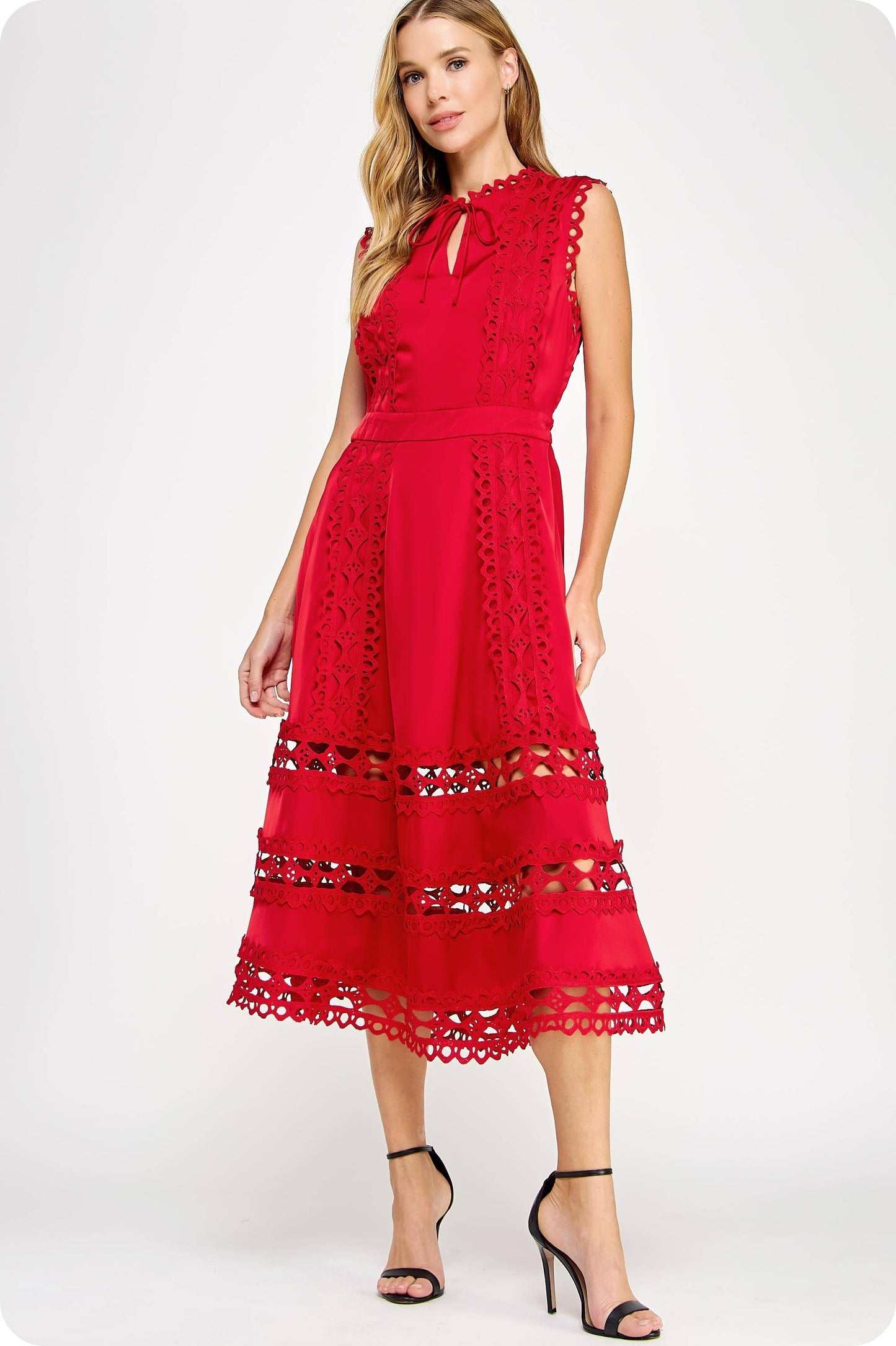 Scallop Edge Crochet Trim Satin Midi / Red