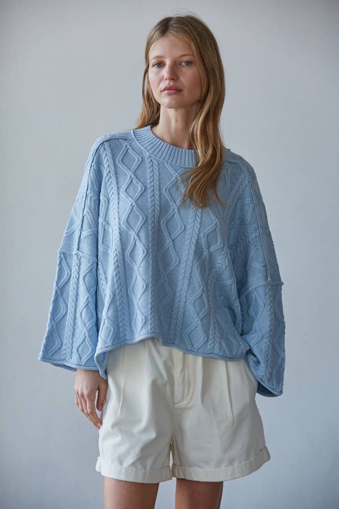 Sweaters / Cable Knit Cotton Drop Shoulder / Lt Blue