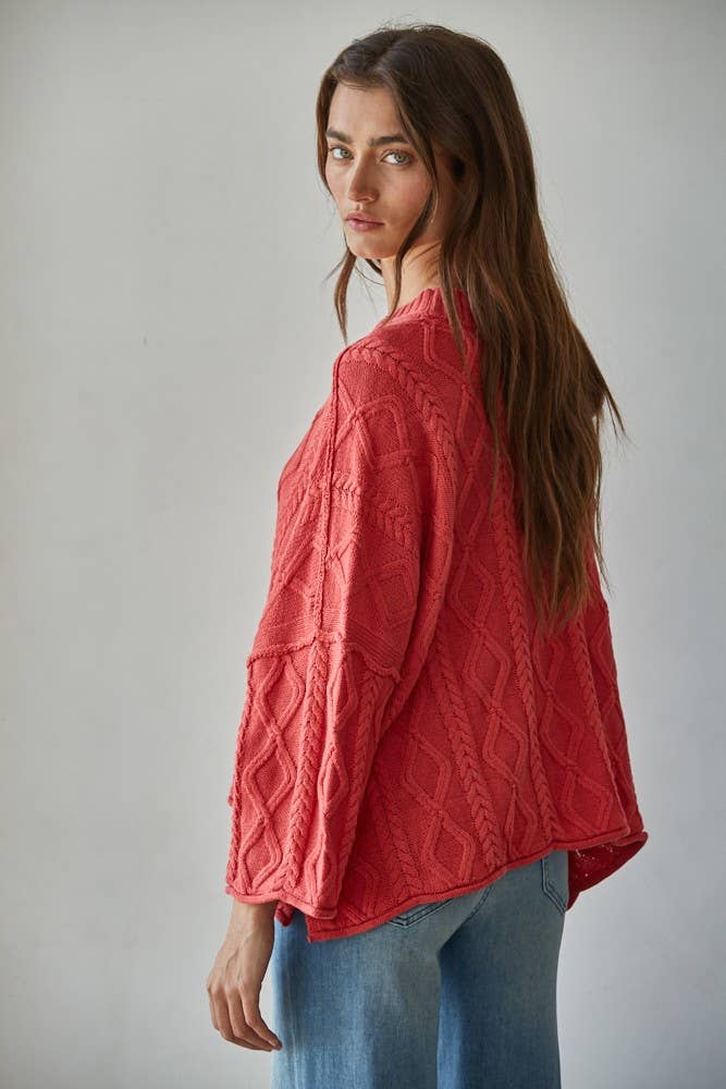 Cable Kint Cotton Sweater / Washed Red