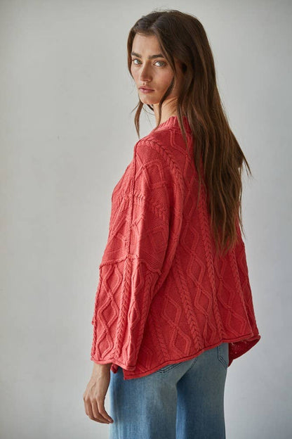 Cable Knit Cotton Sweater / Washed Red