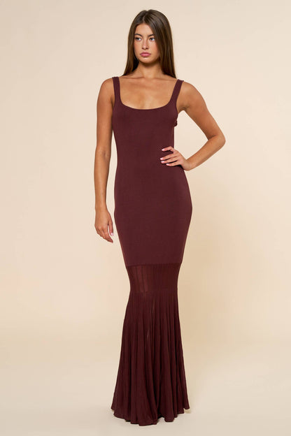 Dresses / Sleeveless Knit Maxi W/Mesh Skirt / Brown