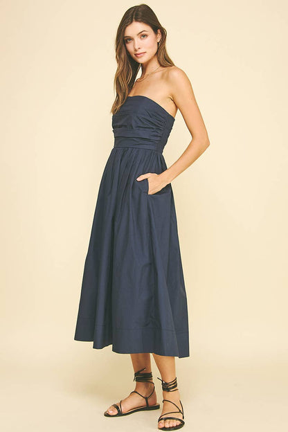Shirred Bodice Strapless Midi  / Deep Navy