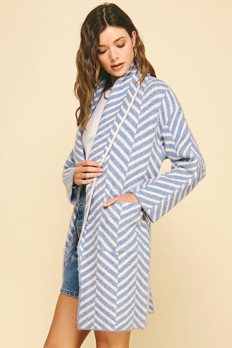Shawl Collar Stripe Plush Cardigan / Blue/ Cream