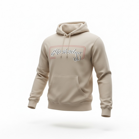 Hooked On Customizable Hoodie Oatmeal with Red / White / Blue 3D Logo
