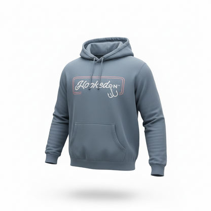 Hooked On Customizable Hoodie Ash Blue with Red / White Logo