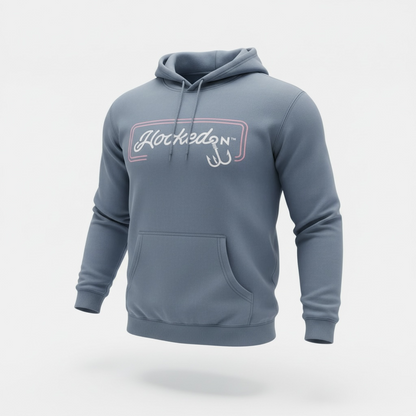 Hooked On Customizable Hoodie Ash Blue with Red / White Logo