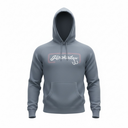 Hooked On Customizable Hoodie Ash Blue with Red / White Logo