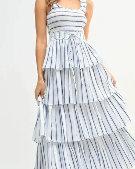 Smocked Top Pin Stripe Tiered Midi / Off White / Blue
