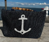 White Anchor Beaded Purse with Bamboo Handles