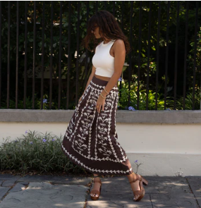 The Hanley Midi Skirt / Brown / Cream Embroidery
