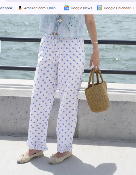 Pants /  Polkadot Ruffle Hem / White / Lt Blue