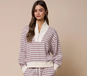 Tops / Quarter Zip Striped Pull Over / Mauve/Ivory