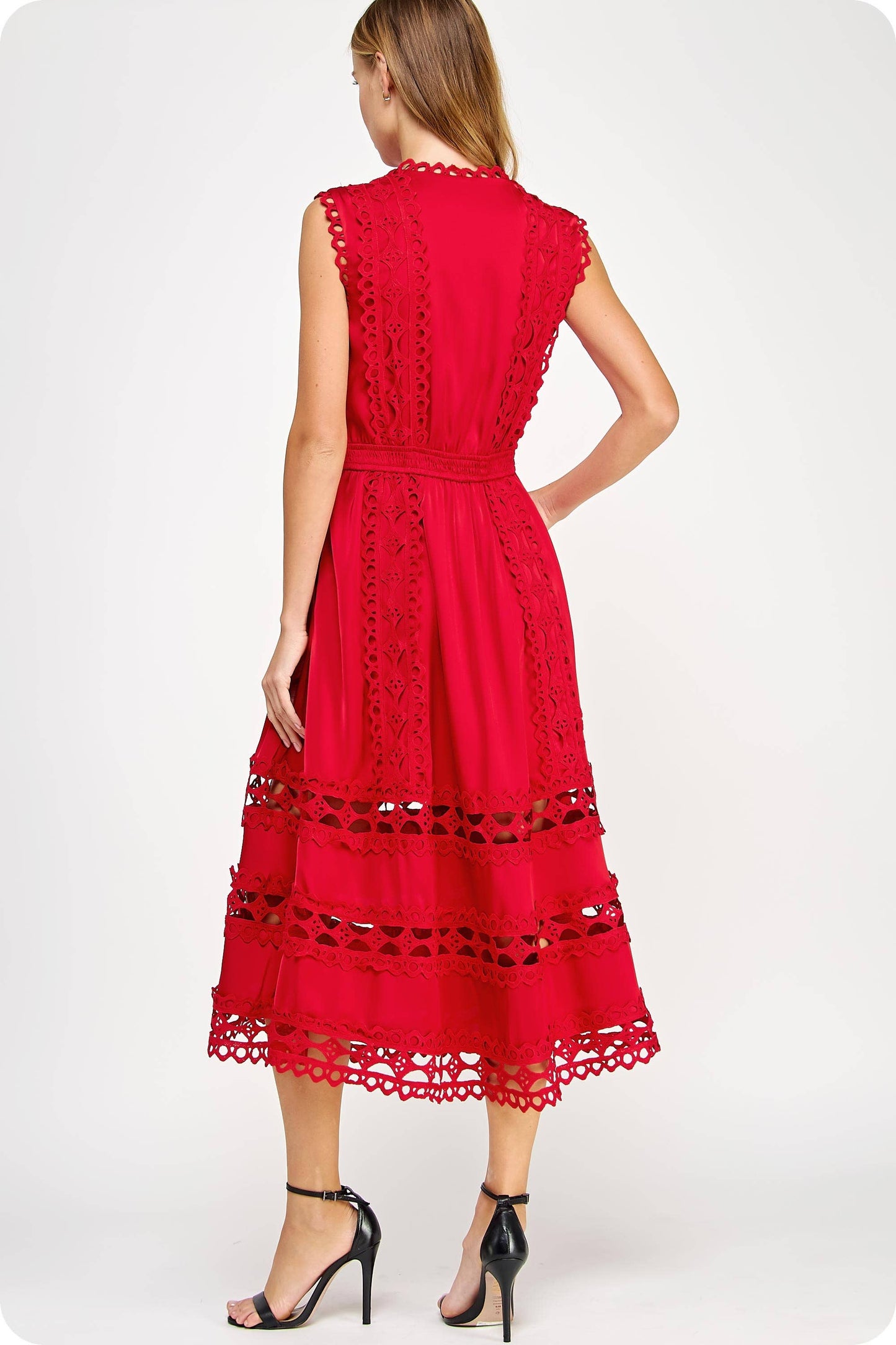 Scallop Edge Crochet Trim Satin Midi / Red