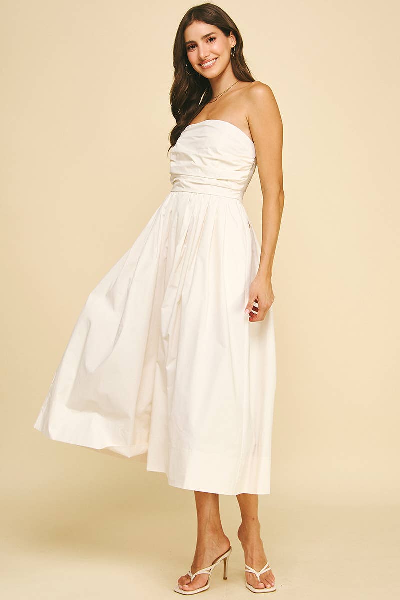 Shirred Bodice Strapless Midi / Milk