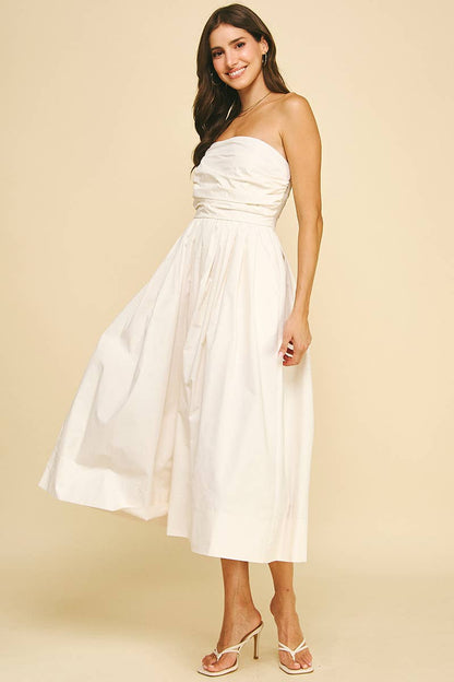 Shirred Bodice Strapless Midi / Milk