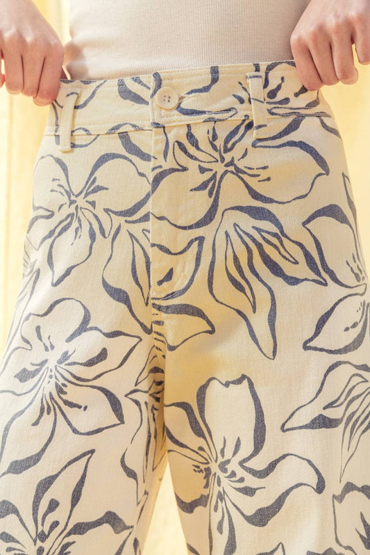 Pants / Floral Print Stretch Jeans / Denim Blue