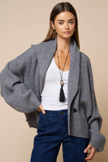 Sweaters / Shawl Collar Wrap Knit Cardigan / Grey