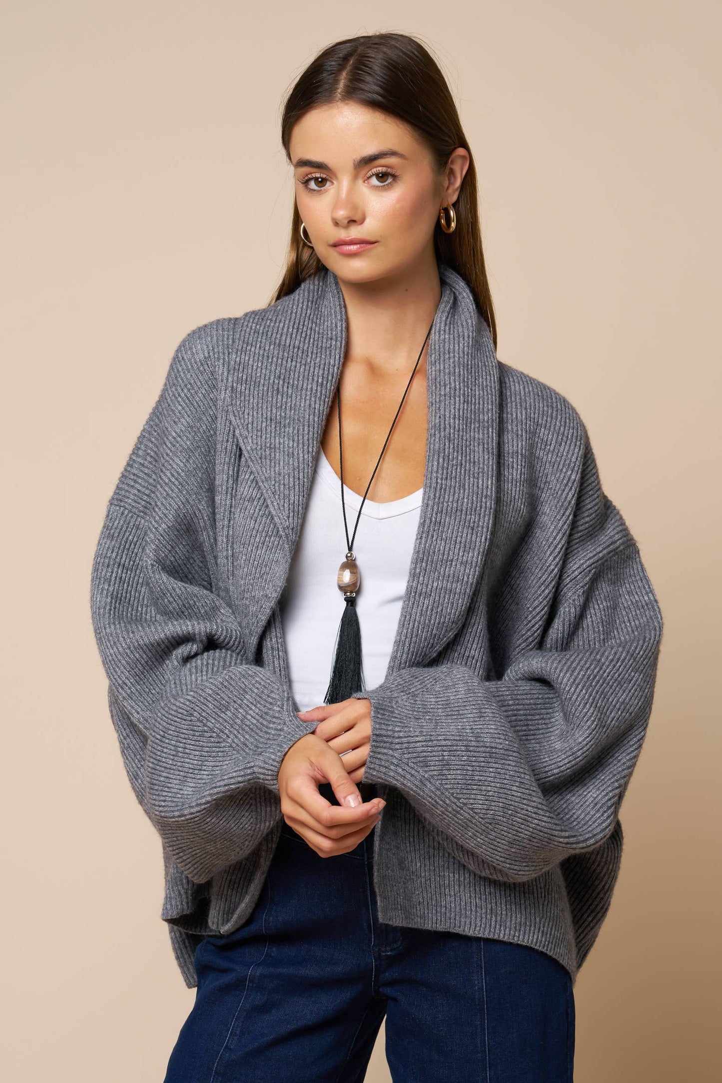Sweaters / Shawl Collar Wrap Knit Cardigan / Grey