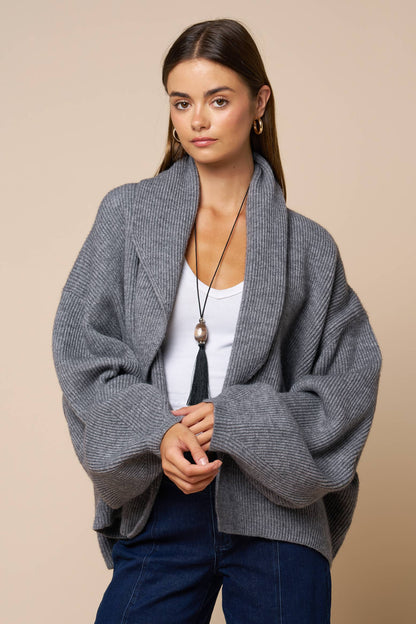 Sweaters / Shawl Collar Wrap Knit Cardigan / Grey