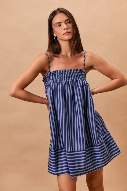 Dresses / Smocked Shoulder Tie Mini / Stripe / Blue